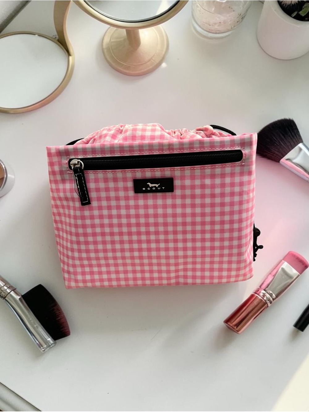 Scout Pink & White Gingham Drawstring Cosmetic Pouch with Front Zip (NWOT)